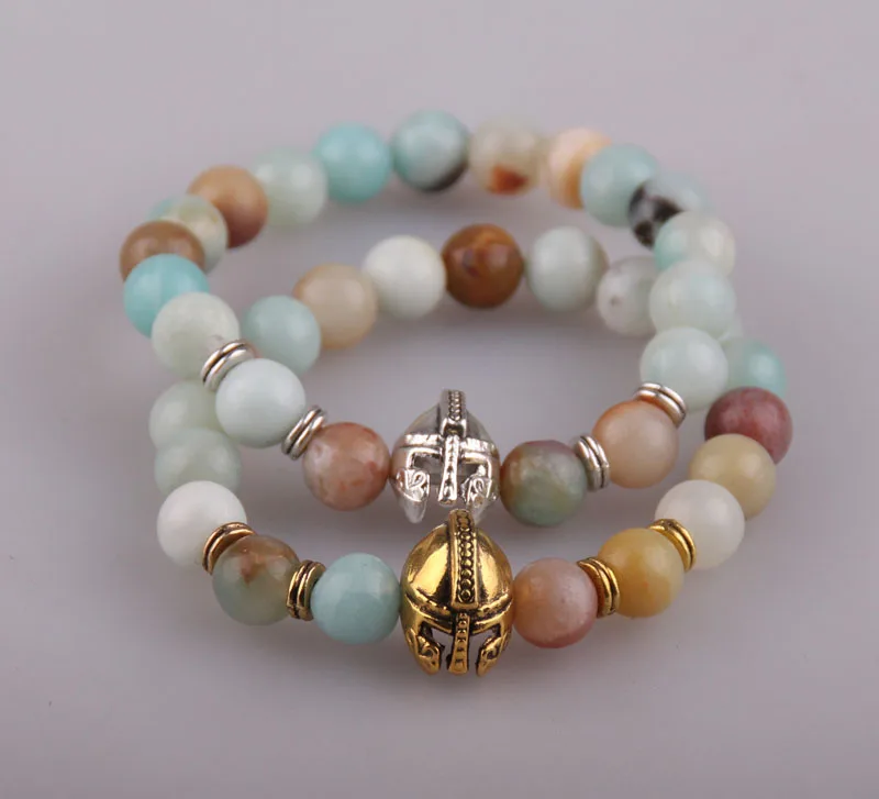 MOODPC Fashion Women Dress Armband 8mm Amazonite Natural stone Antique Gold Roman Warrior Gladiator Helmet Bracelet | Украшения и