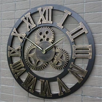 retro industrial wind gear vintage wood wall clock european style living room large classic golden roman numeral home clocks