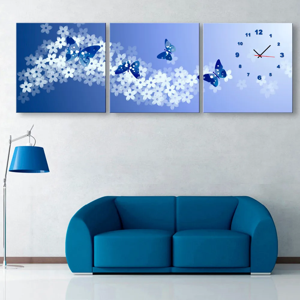 Бесплатная доставка настенные часы из 3 предметов с синими цветами в виде холста