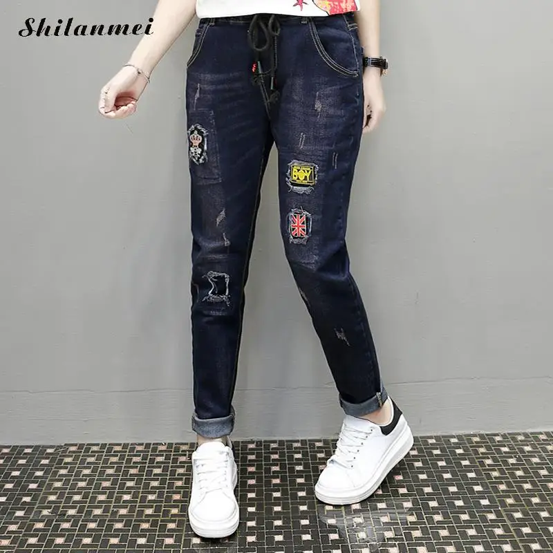 20 Для женщин Джинсы для эластичный пояс Кружево карманных Вышивка потертые