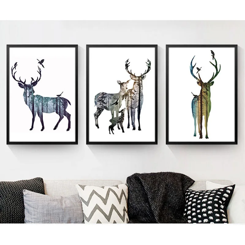

HAOCHU Scandinavian Decorative Living Room Modern Simple Wall Painting Home American Murals the Family of Elk and Forest
