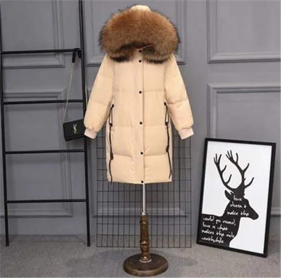 Beige Khaki Fur Зимняя теплая Женская белая куртка-пуховик с капюшоном, большой воротник из натурального меха, Длинные пуховики, верхняя одежда, свободное плотное Женское пальто RH1087 - Цвет: Beige Khaki Fur