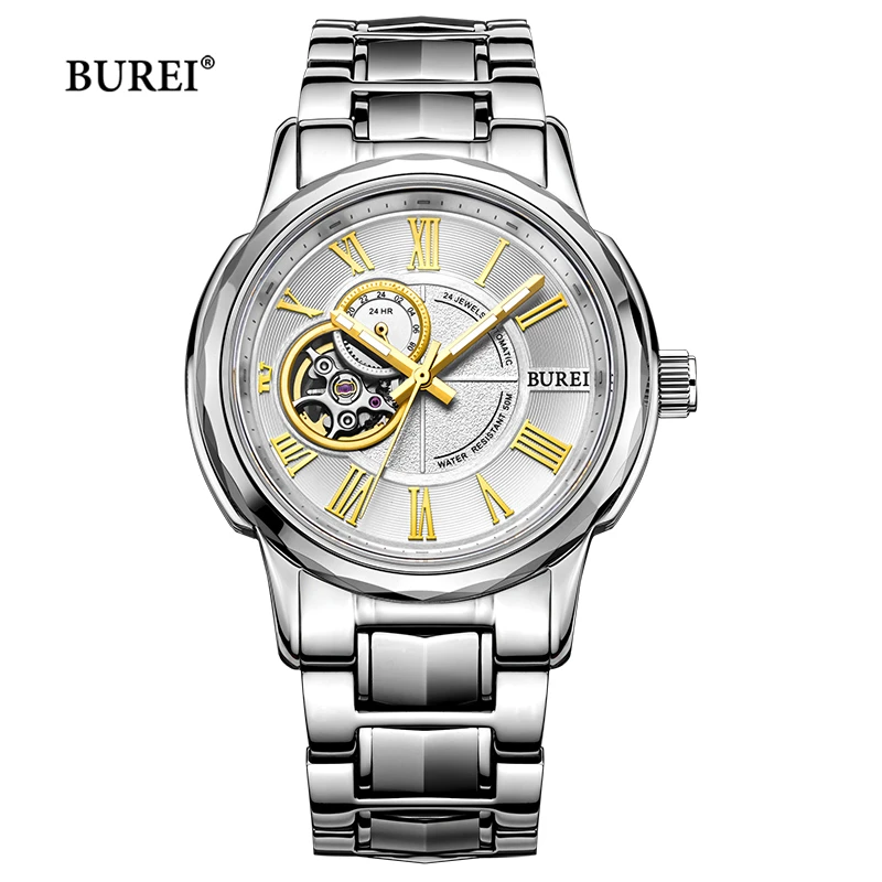 

BUREI Brand Luxury Gold Silver Automatic Business Watch Men Waterproof Fashion Hollow Sapphire Mechanical Watches Reloj Hombre