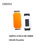 Светодиодный чип SMD 100, 5730, 5630, теплый белый, 3000 К, 0,5 Вт, сверхяркая поверхность, 50-55 лм, с креплением SMT