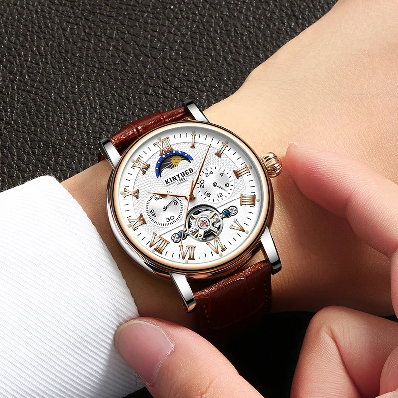 KINYUED Moon Phase Tourbillon мужские часы с скелетом автоматические механические