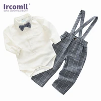 ircomll newest spring baby boy clothing set england style gentleman suit long sleeve bow tie shirt bodysuit lattices ovearalls
