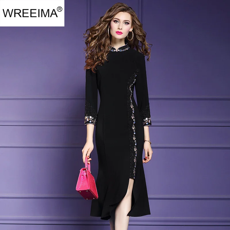 2019 весенние модные женские платья вышивка Цветочный бисер разрез черные