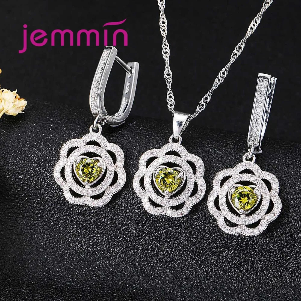 Elegant Fashion Hollow Flower Necklace Earrings for Women Heart Shape Round Dark Green Crystal 925 Sterling Silver Jewelry Sets |