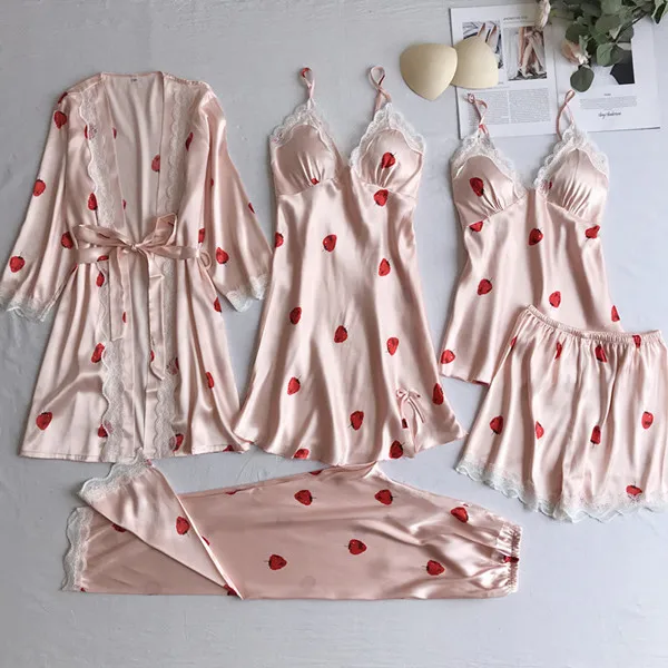 Женский пижамный комплект Fdfklak Шелковый из 5 предметов для сна лето 2019|Комплекты