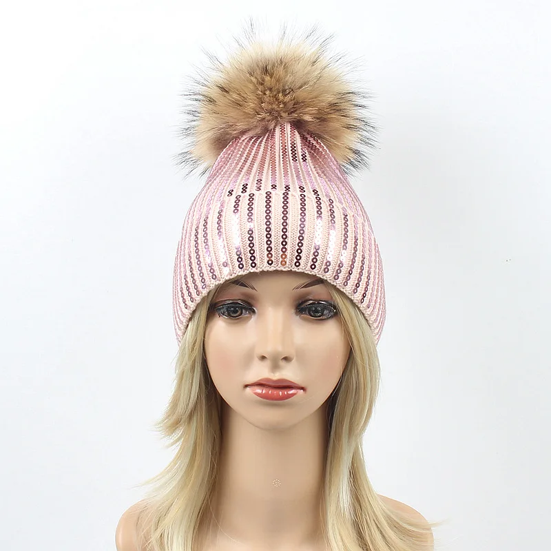 Зимняя брендовая шапка с меховыми помпонами для подростков, зимняя женская шапка, шляпа с пайетками для девочек, вязаные шапки-бини, женская шапка Skullies Beanies