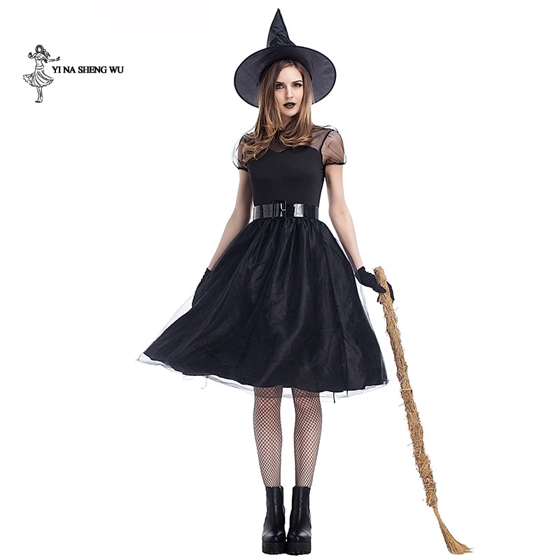 

Нарядное платье для Хэллоуина, черные марлевые костюмы ведьмы для леди, Сказочная ведьма, маскарадный костюм для косплея, костюм для выступления на сцене для девушек