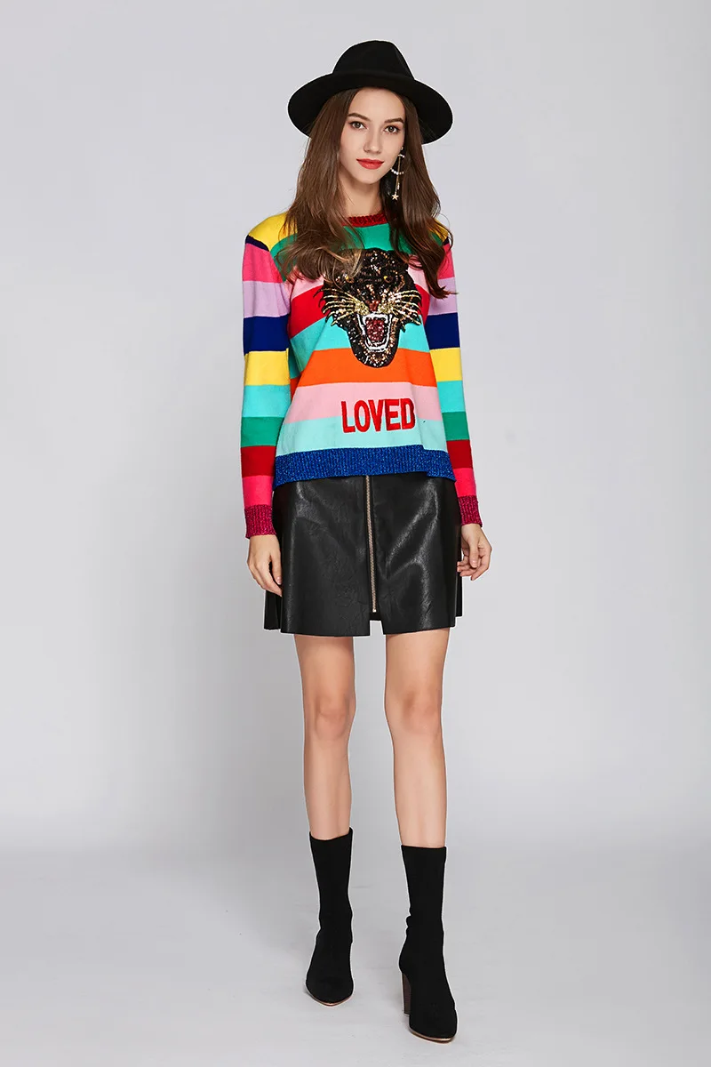 Winter Sequins Tiger Sweaters Women Rainbow Color Striped Pullovers Slim Fit Fashion Streetwear Pull Jumper Femme Clothing