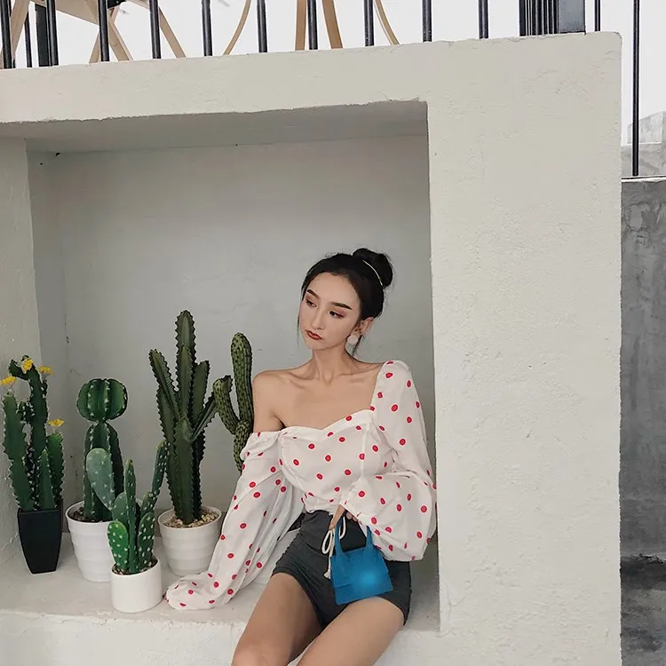 Женская блузка с открытыми плечами и принтом в горошек повседневная винтажная