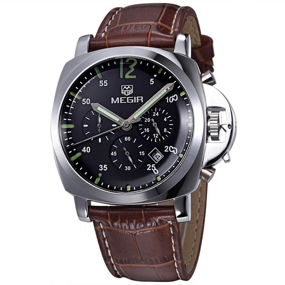 Brown silver black MEGIR, хронограф, повседневные часы, мужские, люксовый бренд, кварцевые, военные, спортивные часы, натуральная кожа, мужские наручные часы, relogio masculino - Цвет: Brown silver black