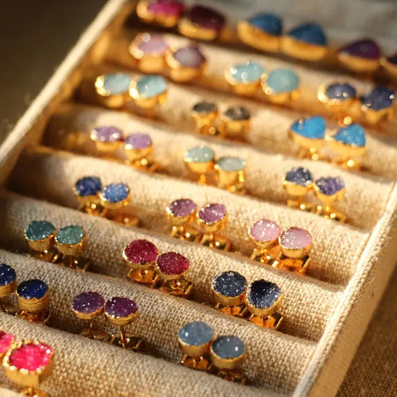 Женские модные серьги оптом натуральная Друза на вороте необработанная круглые