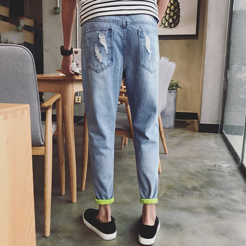 

Hole jeans ankle length trousers male summer teenage hiphop slim skinny pants
