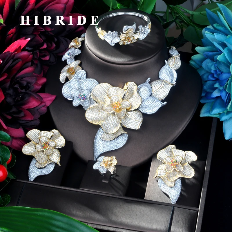 

HIBRIDE Big Flower Double Tone Pendant Gold Color Luxury Women Jewelry Set For Bridal Party Accessories Jewelry Gifts N-921