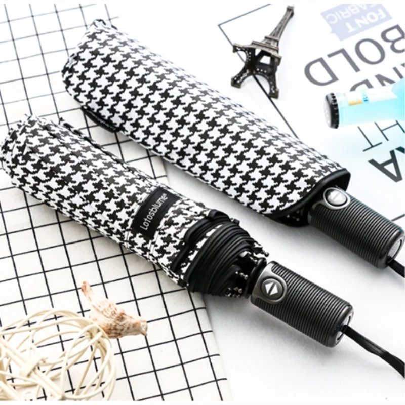 Ветрозащитный 3 складной автоматический зонт женский в ломанную лапу черный и