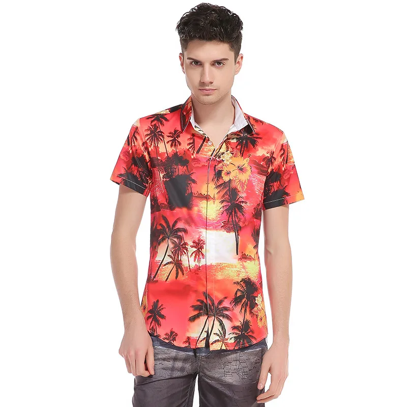 Hot Selling2018 Summer Shirt Men Thin Short Sleeve Casual Shirts 3D Print Hawaii Beach Cool Slim Camisa Masculina Red Blue | Мужская