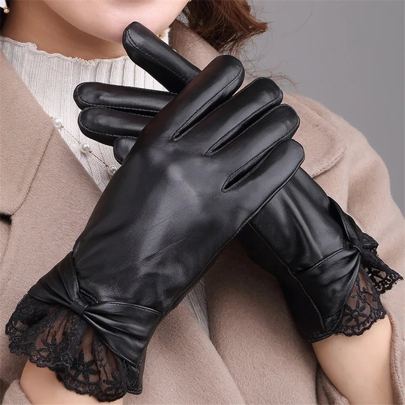 Fashion New Fashion Lace Leather Gloves Ladies Winter Plus Velvet Warm Sheepskin Gloves 1651-5