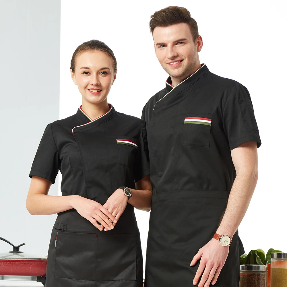 Black Новая Униформа шеф-повара для женщин и мужчин одежда для ресторанов с коротким рукавом Куртка шеф-повара рабочая одежда для отеля кухни рубашка парикмахера повара - Цвет: Black