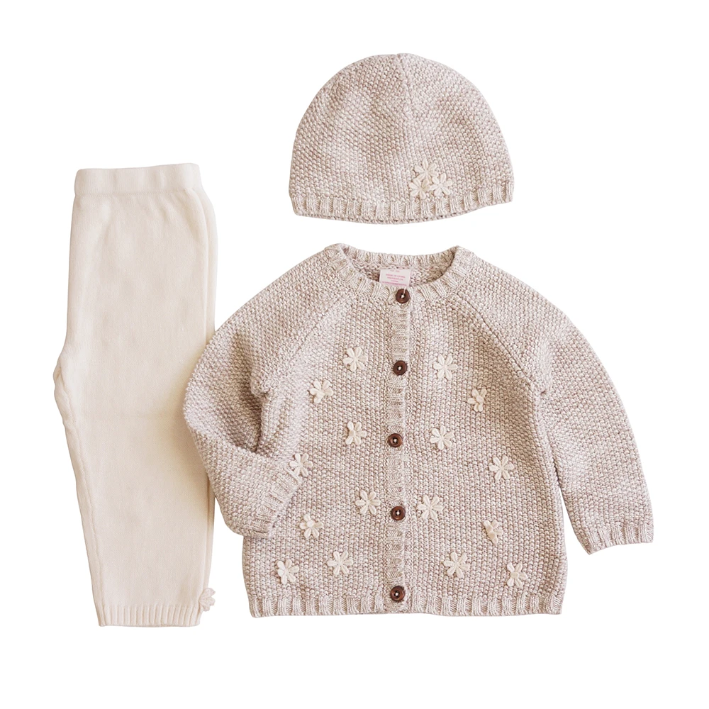 Шерстяной вязаный комплект одежды из 3 предметов для маленьких девочек свитер +