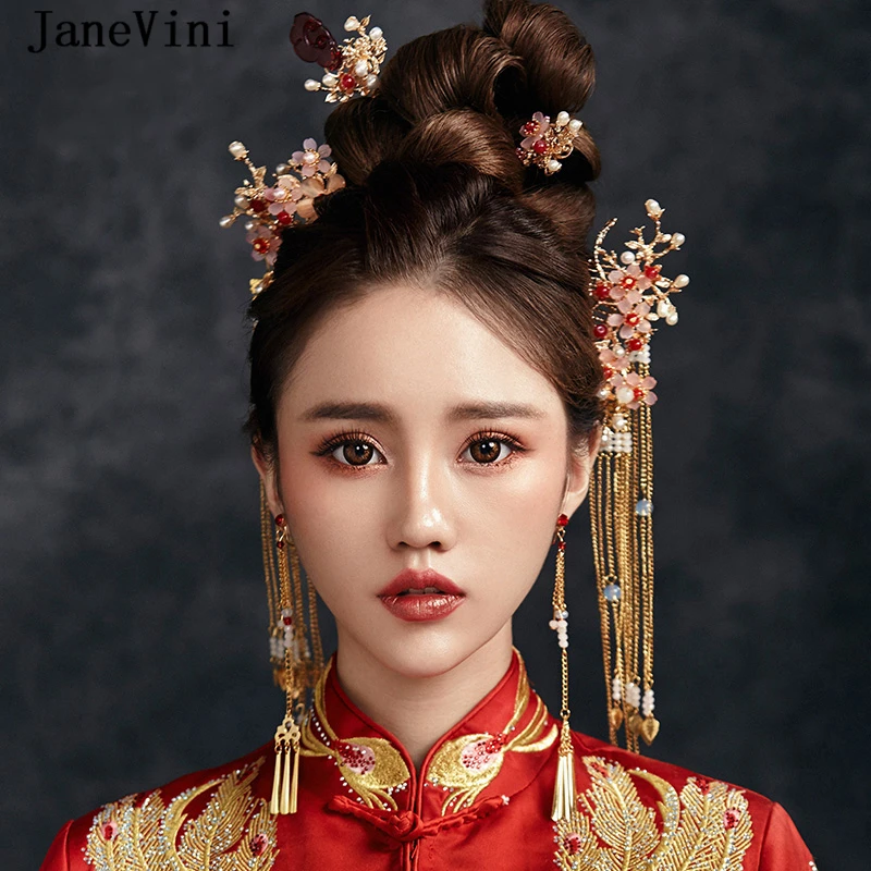 

JaneVini Traditional Chinese Bridal Headdress Costume Red Floral Hairpin Gold Long Tassel Bride Wedding Jewelry Hair Accessories