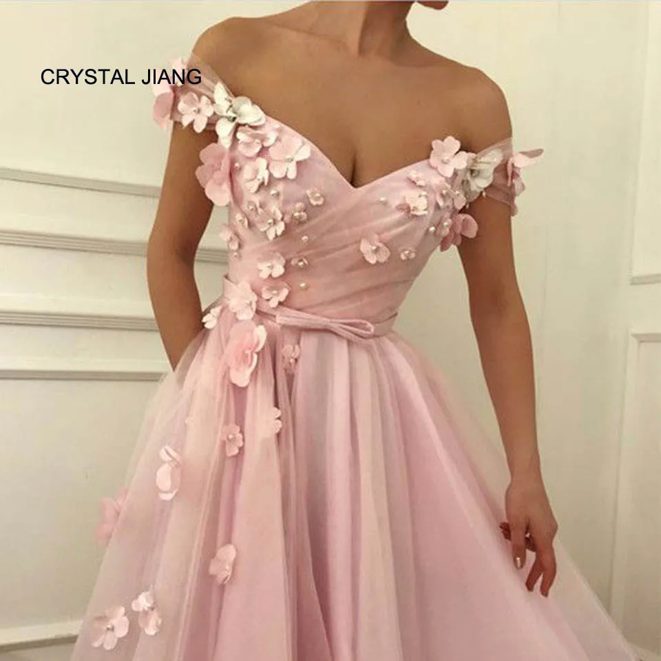 

Evening Dresses Vestido Longo De Festa A-line Pink Flowers V-neck Off the Shoulder Occasion Dresses for Women Evening Gowns