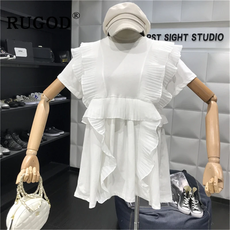 Женское платье с оборками RUGOD белое Повседневное круглым вырезом в Корейском