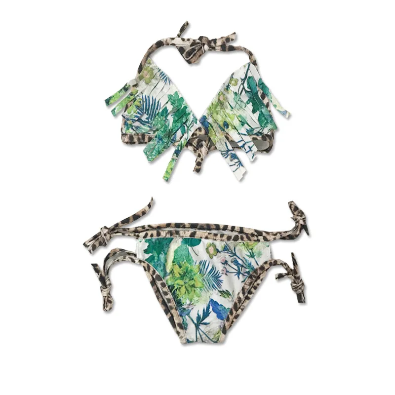 Girl Tassel Bikinis Green Tree Flower Print Leopard Bandage Swimsuit Baby Kids Bathing Suit for Beach Infants 2 Pcs Bikini Sets |