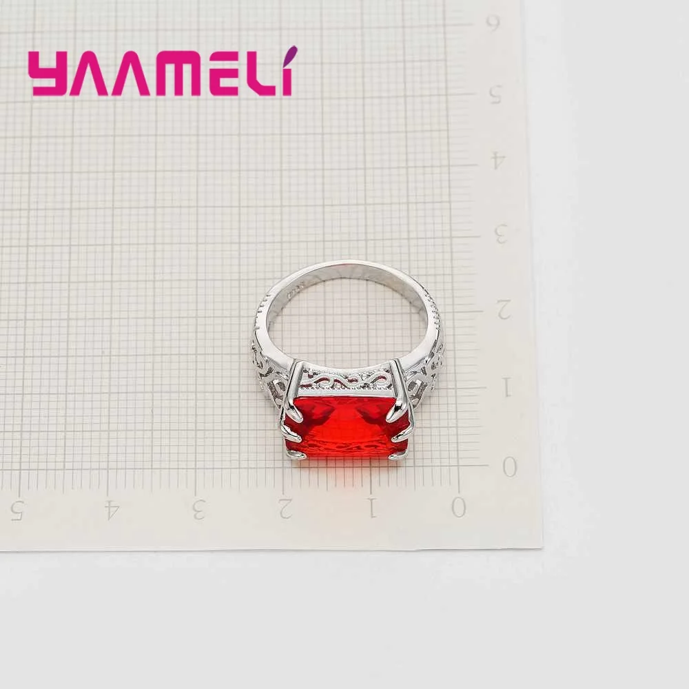 

New Fashion Red Zircon Women Ring Classic Hollow 925 Sterling Silver Jewelry Holder Simple Rectangle Rings Bijoux