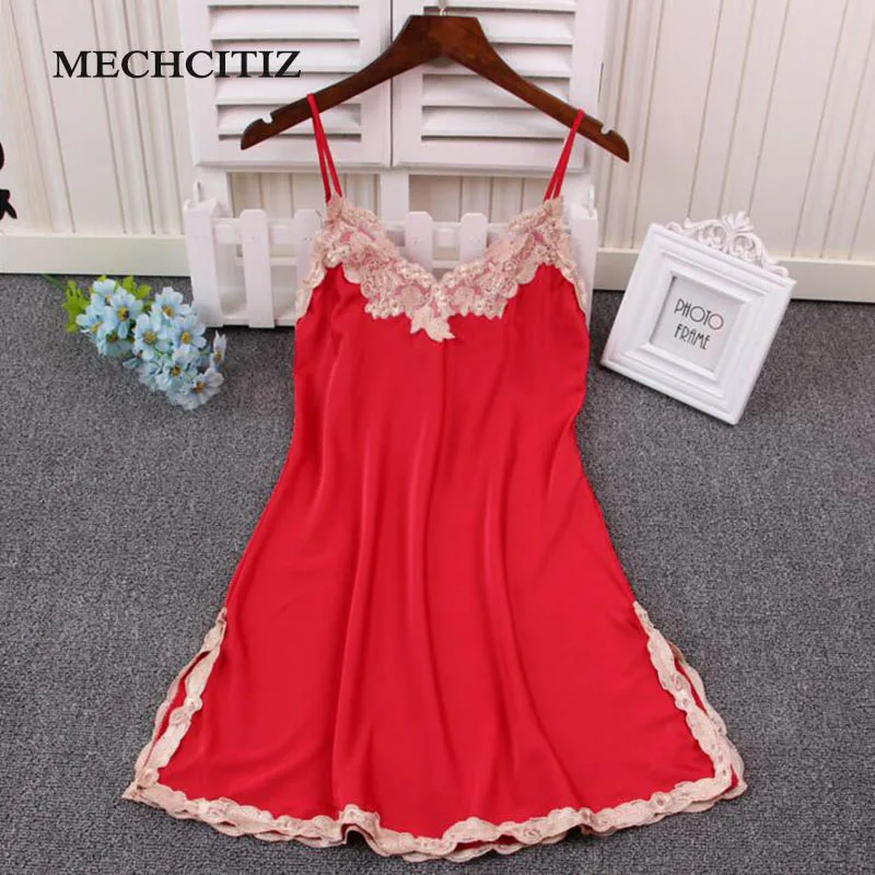 Женская шелковая ночная рубашка без рукавов кружевная сексуальная для сна