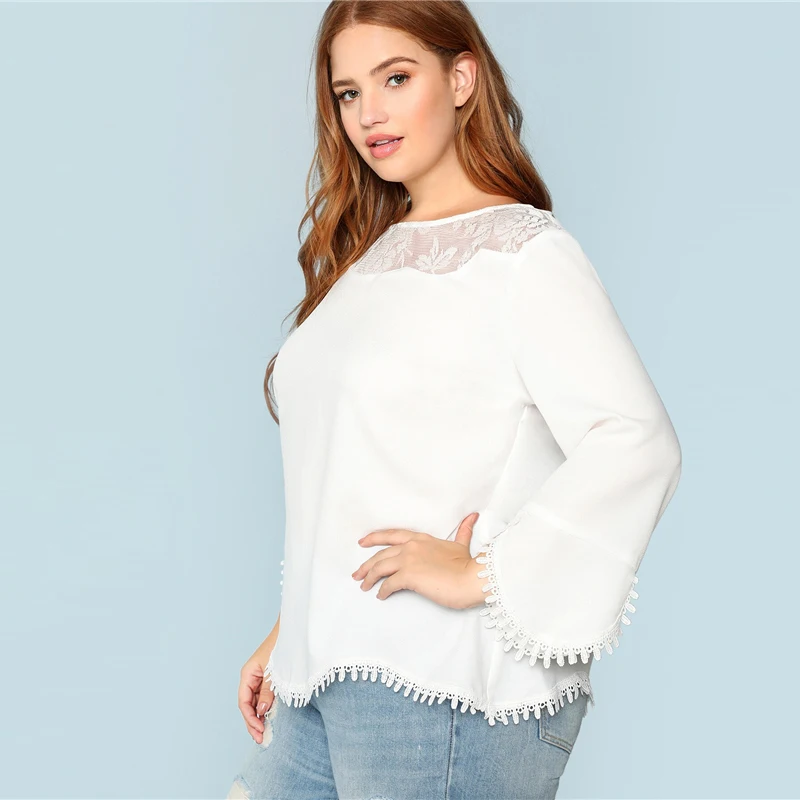 Sheinside, плюс, прозрачные плечи, кружевная отделка, Топ для женщин, весна, одноцветные, три четверти, длина рукава, блузки, элегантный белый топ