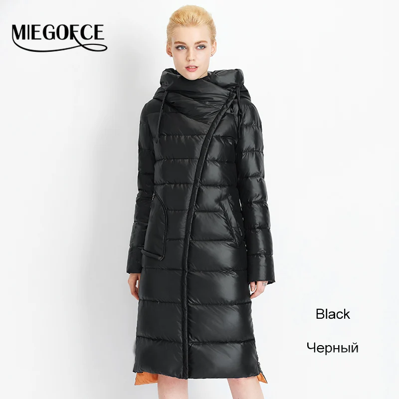 201 black MIEGOFCE Новая Зимняя Коллекция Био Пух Пальто Средняя Длина Модный Пуховик Женский с Капюшоном Теплая Женская Куртка Европейский Пошив Стоячий Воротник Утепленный Пуховик Био Пух Женский Зимний Пуховик - Цвет: 201 black