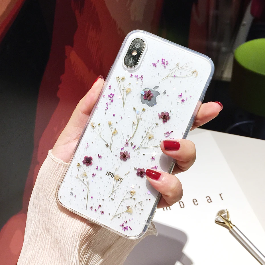 Живые цветы сушат прозрачный силиконовый чехол для iphone X 6 S 7 8 плюс Чехол телефона