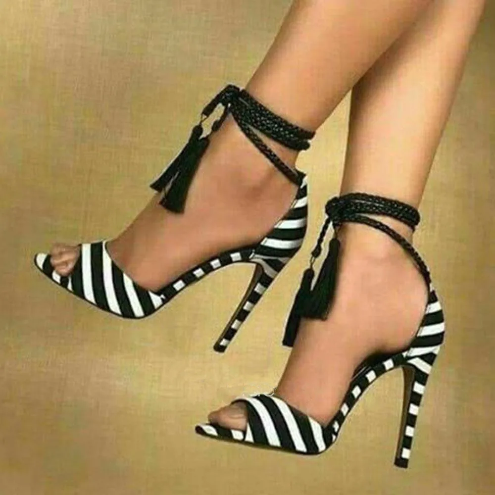 

FGHGF NEW,Shoes, women's sandals, black striped cloth, nude strappy sandals, 11cm sexy open-toe shoes