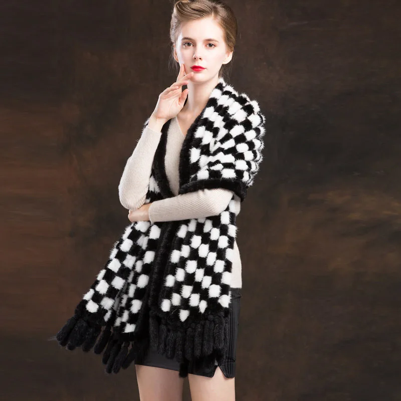 

Contrast color plaid natural knit mink fur shawl women fashion real mink fur poncho with tassel 2019 new style