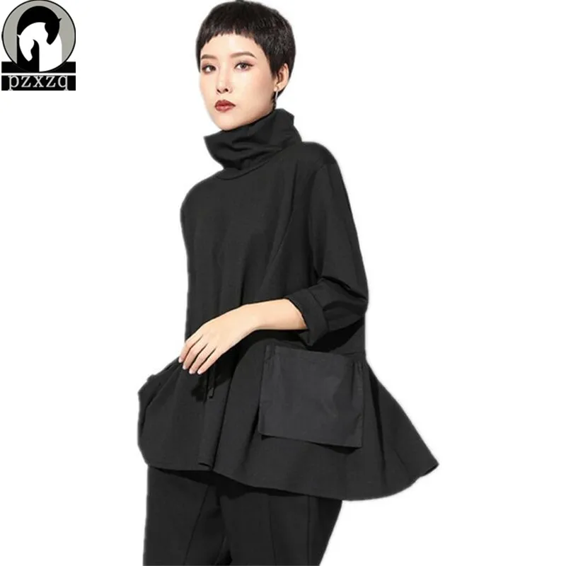 Женская свободная футболка с длинным рукавом черная водолазка поясом весна