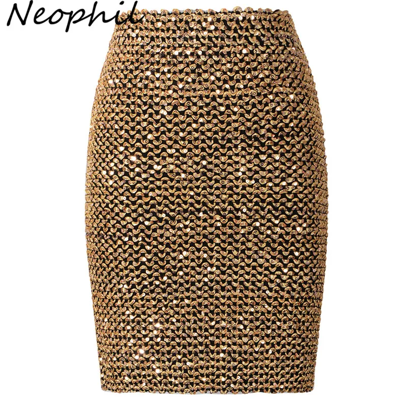 

Neophil 2022 Spring Women Sequined Patchwork Shinny Pencil Mini Skirts High Waist Black Party Sexy Bandage Girls Long Saia S1812