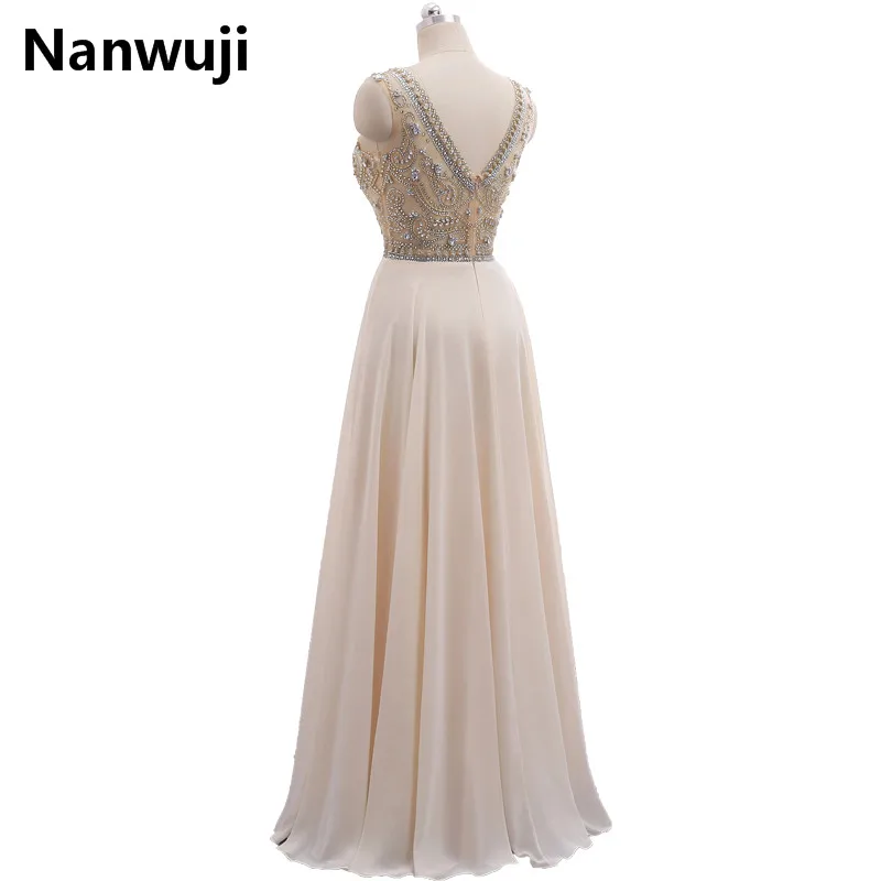 

In Stock Real Photo Formal Gown See Through Back Beading Handwork Chiffon Prom Long Evening Dresses Champagne And White ED20057