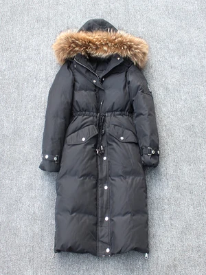 black brown fur Зимнее модное женское пальто на утином пуху, длинные дизайнерские куртки выше колена с воротником из меха енота, розовый, синий, черный, серый, xxl 2xl - Цвет: black brown fur