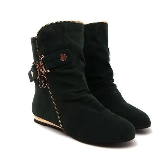 Женские ботинки из флока на плоской подошве теплые осенние до середины икры с