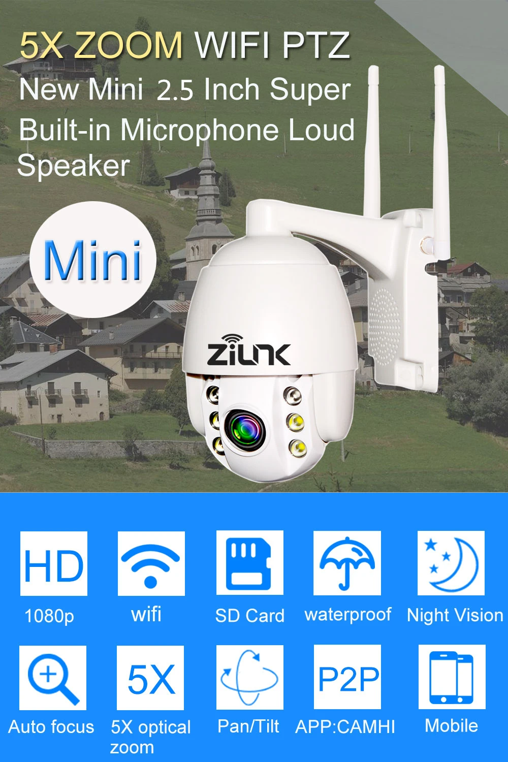 Уличная камера безопасности беспроводная wifi 1080P 2MP HD двухсторонняя аудио PTZ 5X оптический зум IR 60 м ONVIF Мини ip-камера слот для карты SD
