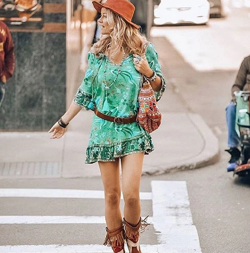 TEELYNN mini dresses for women flare sleeve Malachite green BOHO Dresses rayon ILONA Forest floral print summer Dresses vestido