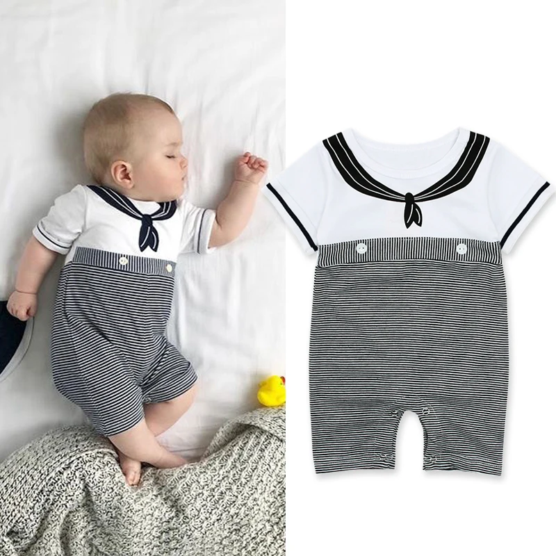 Летняя новая одежда для младенцев 2019 года Ромперы для девочек и мальчиков Одежда Рупас Бебе Инфант Пеленки Белый Темно-синий Бэби он.