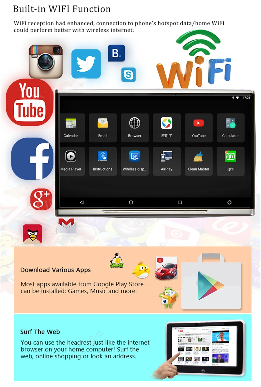 11," HD Android7.1 Восьмиядерный 1,5 ГГц wifi FM подголовник Автомобильный внедорожник заднего сиденья мониторы 1920*1080 1 шт