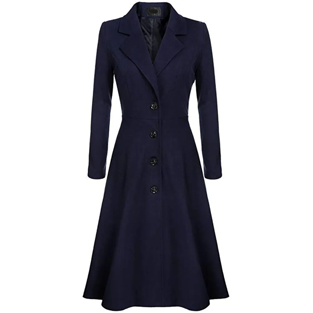 Dark Blue Зимнее шерстяное пальто женское Модное Длинное Пальто Плюс Размер Повседневная офисная верхняя одежда Плиссированное осеннее винтажное Женское пальто - Цвет: Dark Blue