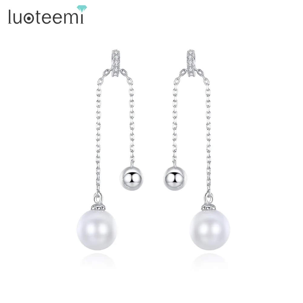 Luoteemi 2017 Блестящий CZ Cystal Висячие серьги имитация жемчуга с круглый шар Модные