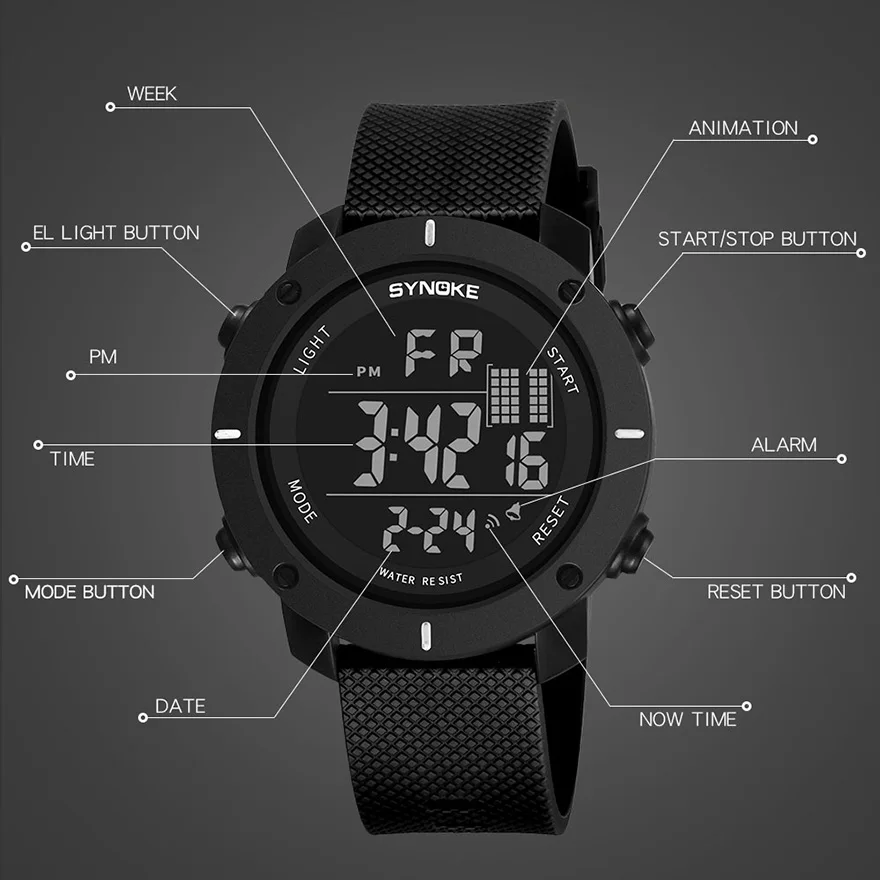 SYNOKE Sports Watch Men Digital Watches Waterproof Fashion Electronic Wristwatches Date Rubber Clock Black Military Watch
