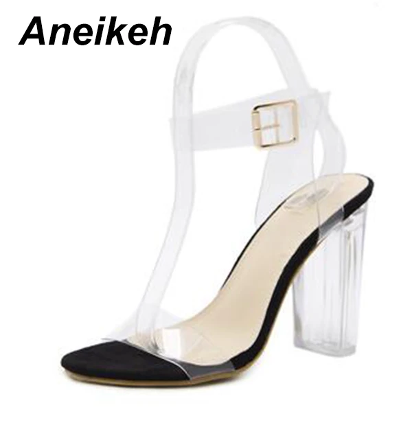 Black-Flock Aneikeh/; прозрачные босоножки из пвх; Леопард с кристаллами; открытый носок; Высокий каблук; женские босоножки на прозрачном каблуке; шлепанцы; туфли-лодочки; размеры 41, 42 - Цвет: Black-Flock